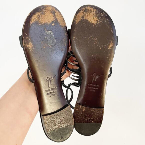 Giuseppe Zanotti Black Leather Fishbone Flat Ankle Strap Sandals IT 37.5 - Picture 11 of 12